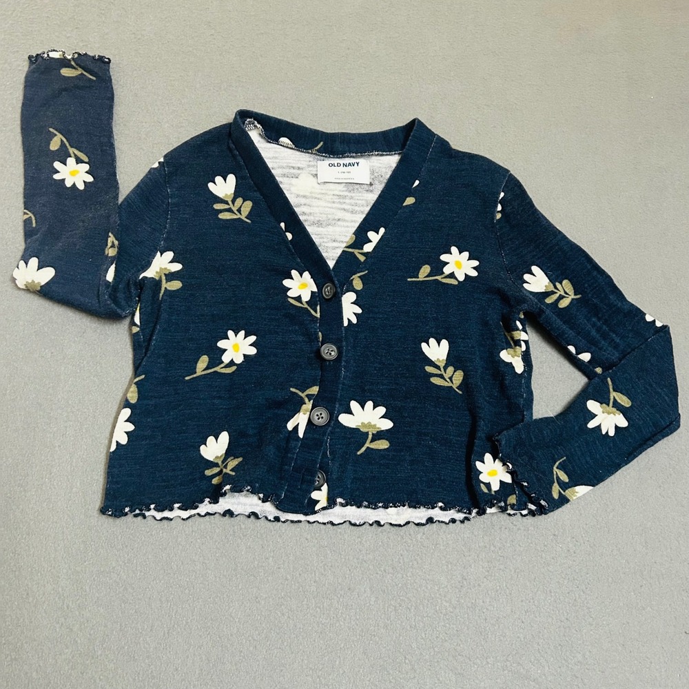 Old Navy‎ Cardigan Girls Large 10-12 Blue Daisy Floral Lettuce Edge Button Front